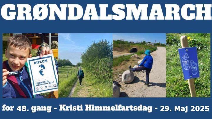 En spejder viser diplom og mærke for at have gået marchen. En person går i landskabet. En spejder strækker sine ben.